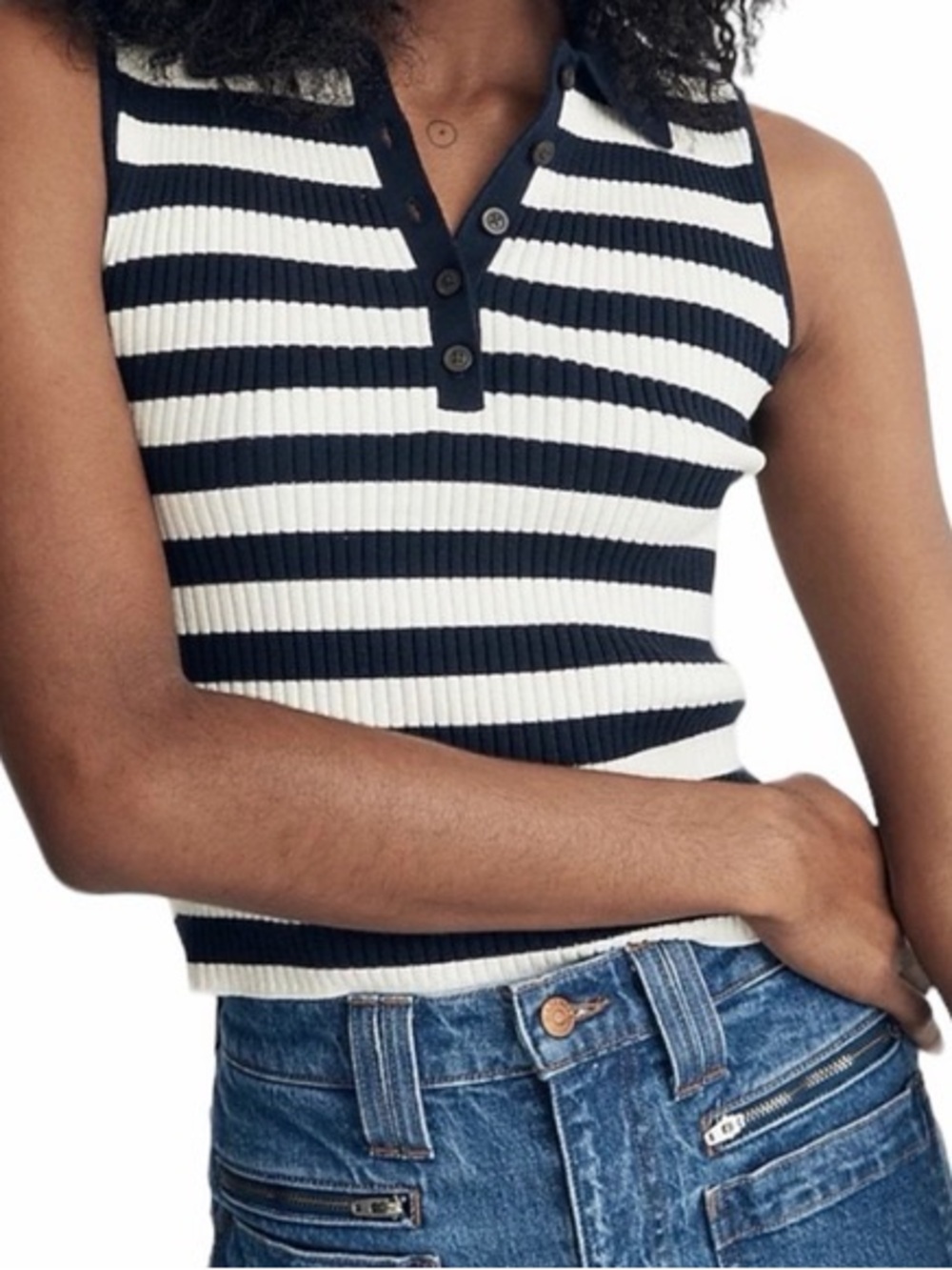 Madewell Navy & White Striped Ribbed Sleeveless Henley Tank